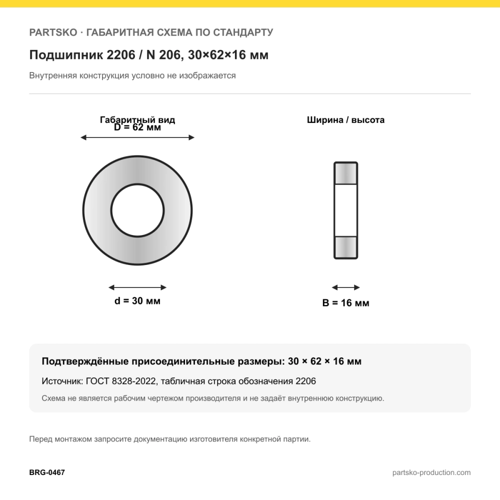 Габаритная схема Подшипник 2206 / N 206, 30×62×16 мм, APP-GROUP: 30×62×16 мм по ГОСТ 8328-2022