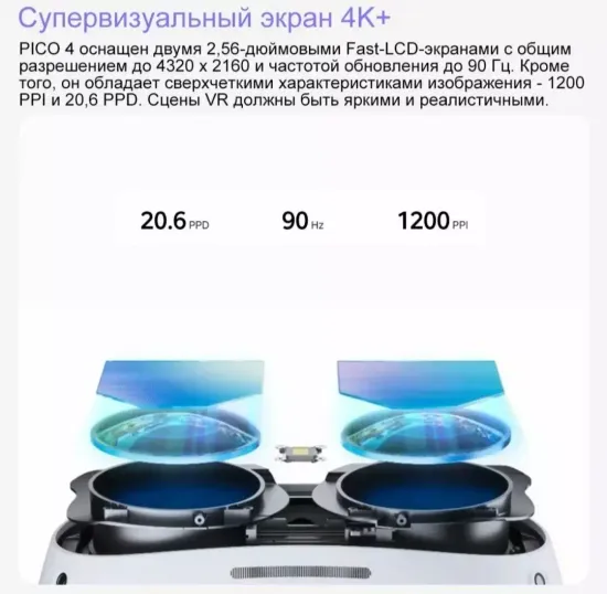 Шлем VR Pico 4 Global, 4320x2160, 256 ГБ, 90 Гц, базовая, белый