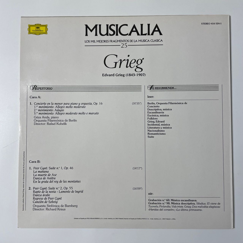 Винтажная виниловая пластинка LP Musicalia 25. Grieg, Григ Пер Гюнт (Испания 1986)