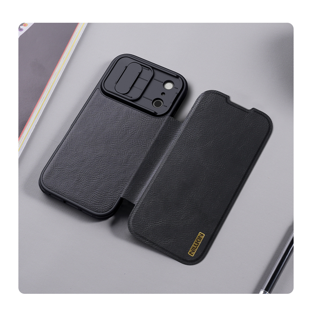 Кожаный чехол книжка от Nillkin для смартфона iPhone 17 Pro, серия Qin Pro Leather с сдвижной защитной шторкой для камеры
