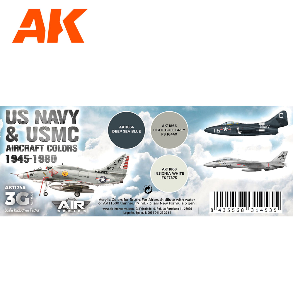 Набор красок AK interactive US Navy & USMC Aircraft Colors 1945-1980 Set 3G, 3 краски