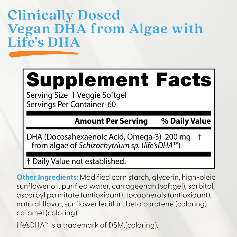 Doctor's Best, веганская ДГК из водорослей с Life's DHA™, 200 мг, 60 растительных капсул