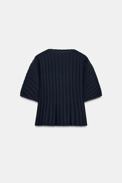ZARA ТОП В РУБЧИК С ОБЪЕМНЫМИ РУКАВАМИ, МОРСКОЙ СИНИЙ