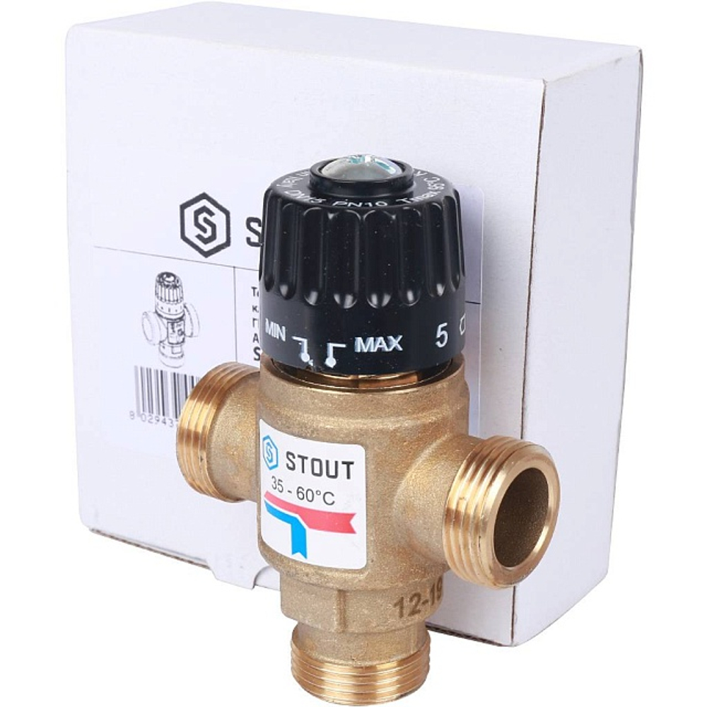 Клапан термостатический смесительный STOUT - 3/4" (НР, 35-60°C, Kvs 1.6, L-образное смешивание)