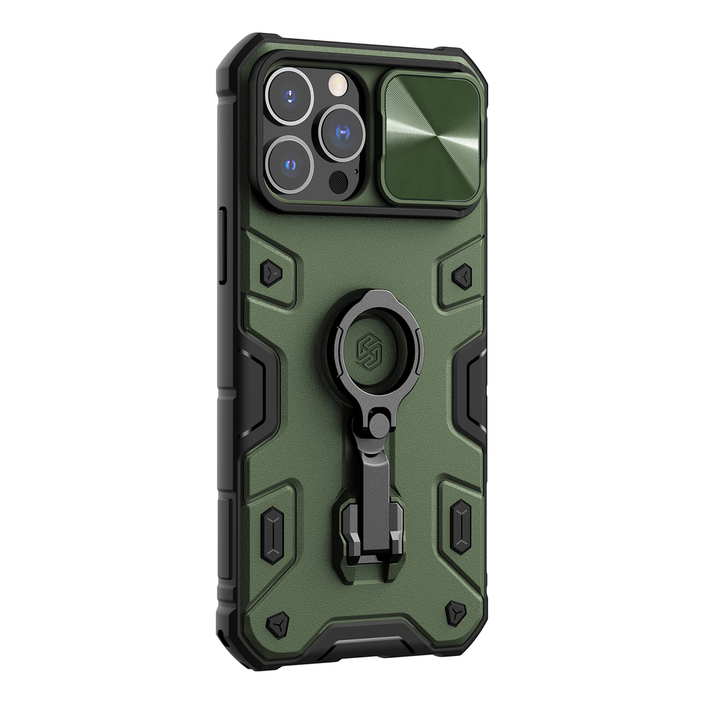 Чехол зеленого цвета (Dark Green) от Nillkin с поддержкой беспроводной зарядки для iPhone 13 Pro Max, серия CamShield Armor Pro Magnetic, с поворотным кольцом и защитной шторкой для камеры