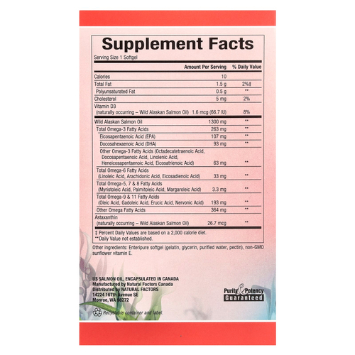 Natural Factors, Complete Omega, 100% жир дикого аляскинского лосося, 1300 мг, 180 капсул Enteripure