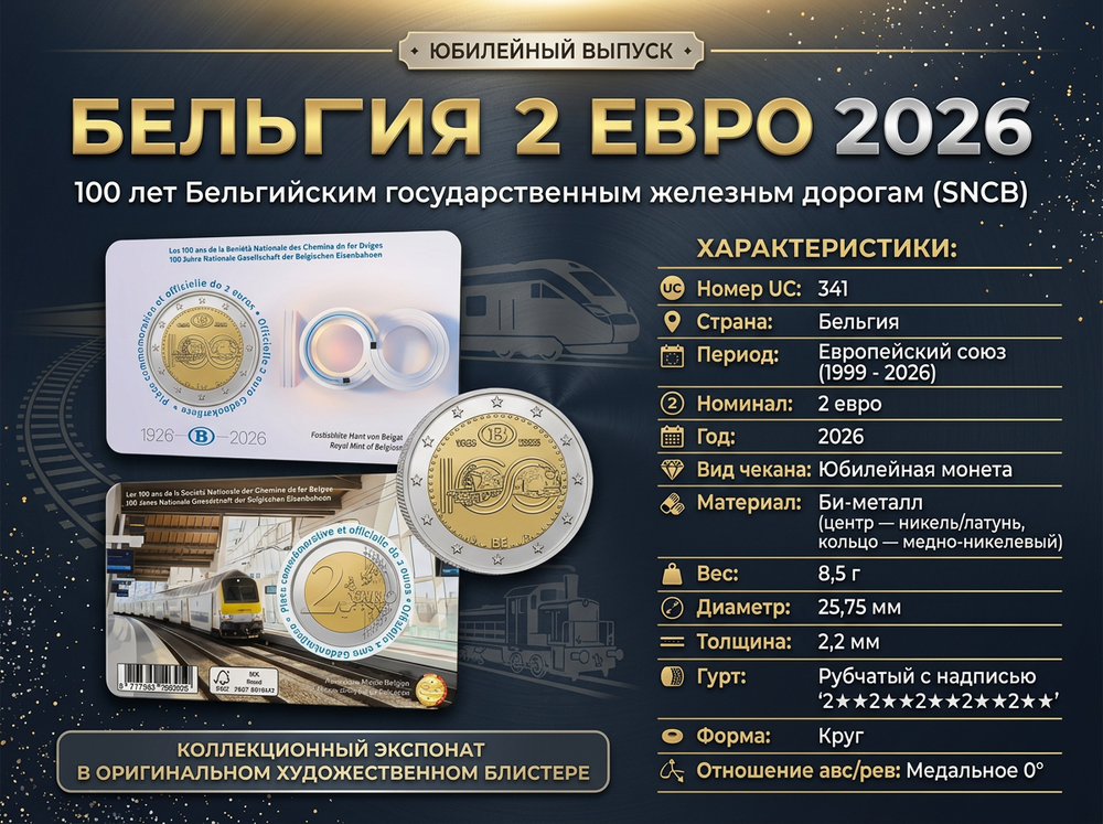 Бельгия 2 евро, 2026 Государственные железные дороги (SCNB)