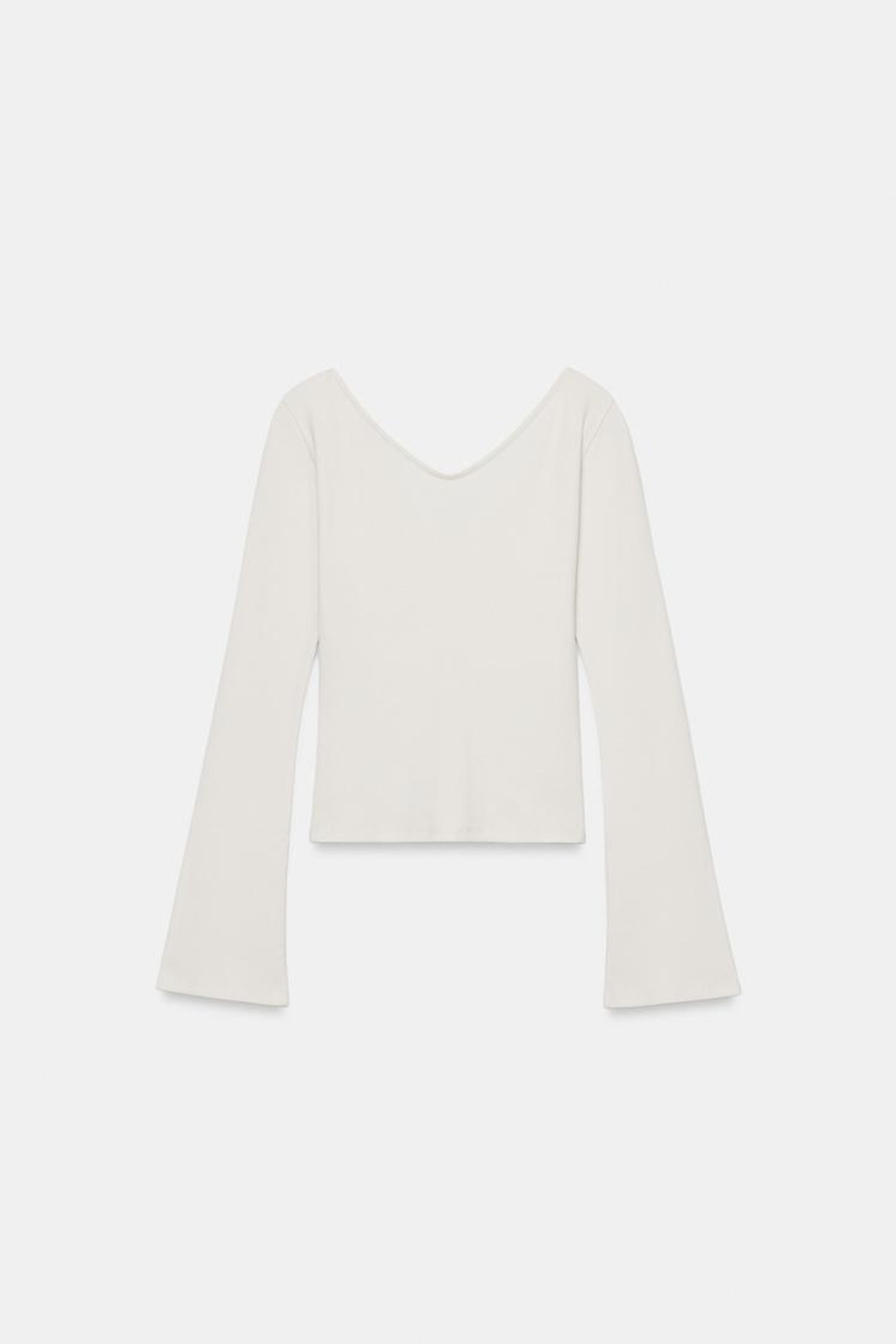 ZARA ФУТБОЛКА В РУБЧИК С V-ОБРАЗНЫМ ВЫРЕЗОМ, ЭКРЮ