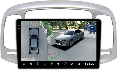 Магнитола для Hyundai Verna 2006-2010 (рамка серебро) - Teyes CC3-2K-360 на Android 10, Быстрая, 2K QLED, CarPlay, 4G SIM-слот, 4 камеры в комплекте