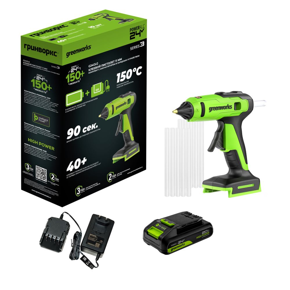 Пистолет клеевой акк. Greenworks G24GLG, 24V, 150°С, нагрев 90 сек, стержни 11 мм, антикапля,1х2Ач,ЗУ,кор (3502207CUA)