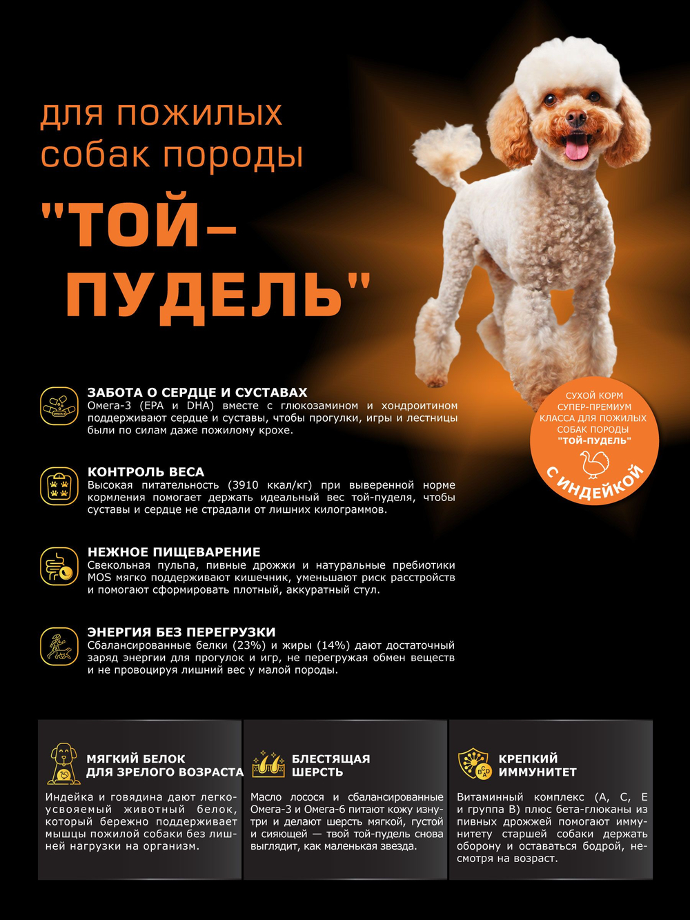 Корм сухой для пожилых собак породы Той-пудель старше 7 лет, с индейкой, 12 кг, QUATTRO
