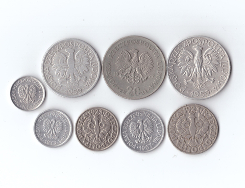 Набор монет. Польша 8 шт. 20,50 грош 1923 г. 2 зл, 5 злот 1959 г и др. XF