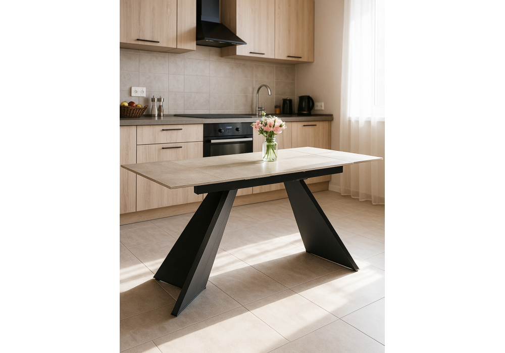 Керамический стол Woodville Ливи 140(200)х80х78 creto forever beige, черный, ножки черные