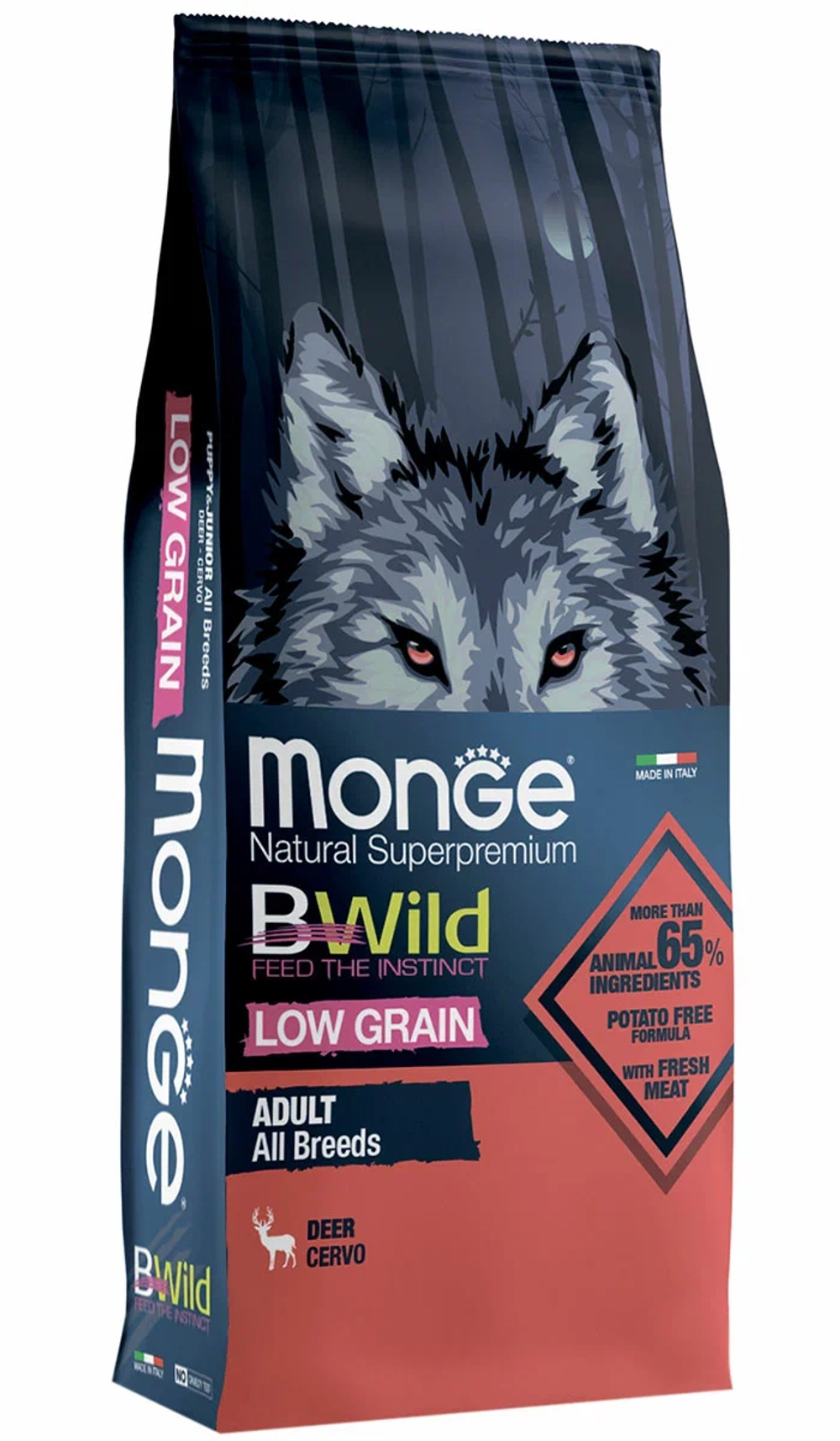 MONGE BWILD LOW GRAIN DOG ADULT ALL BREEDS DEER CERVO сухой корм низкозерновой для взрослых собак всех пород с олениной (12 кг)