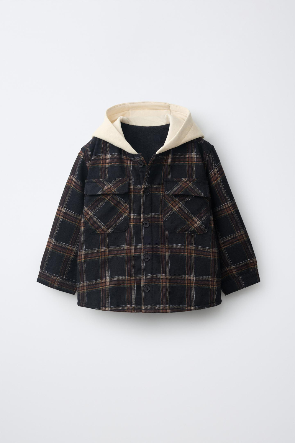 ZARA КУРТКА-РУБАШКА В КЛЕТКУ С КАПЮШОНОМ, СИНИЙ