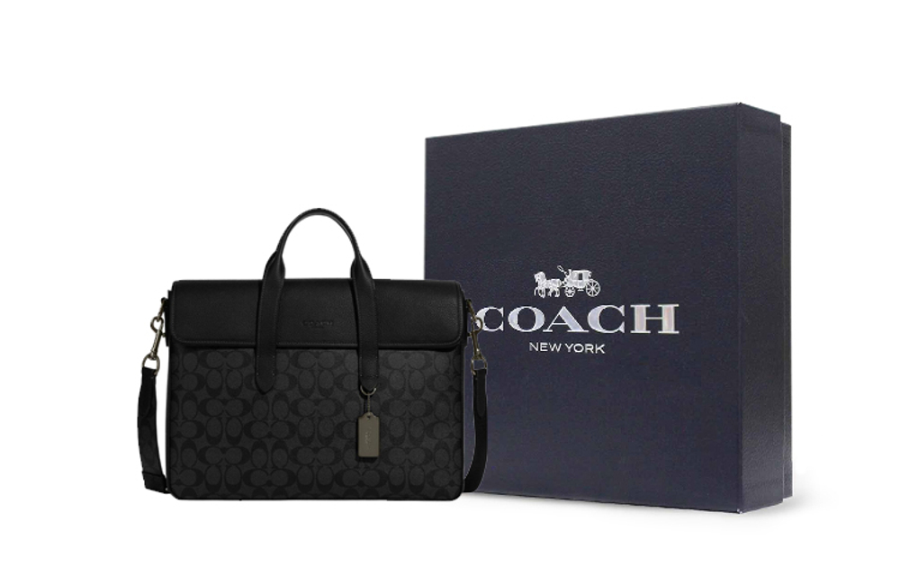 COACH Sullivan Cow Leather Briefcase, Handbag, Shoulder Bag, Crossbody Bag Large Men"s Black