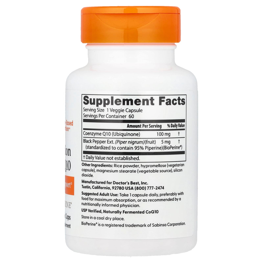 Doctor's Best, коэнзим Q10 с высокой степенью всасывания, с BioPerine, 100 мг, 60 вегетарианских капсул