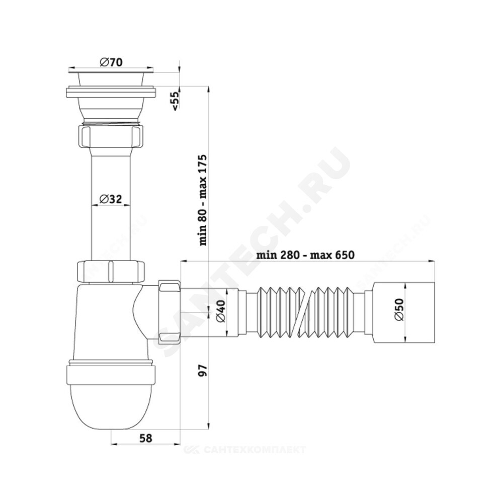 Сифон для умывальника/мойки бутылочный 1 1/2"x40 с гофрой 40х50 выпуск с нержавеющей решёткой D=70мм Ани АНИ Пласт C0110