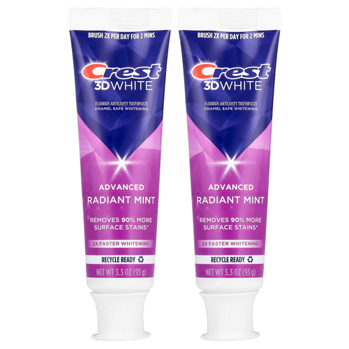 Crest, 3D White, улучшенная формула, зубная паста против кариеса с фторидом, со вкусом мяты, 2 тюбика по 93 г (3,3 унции)