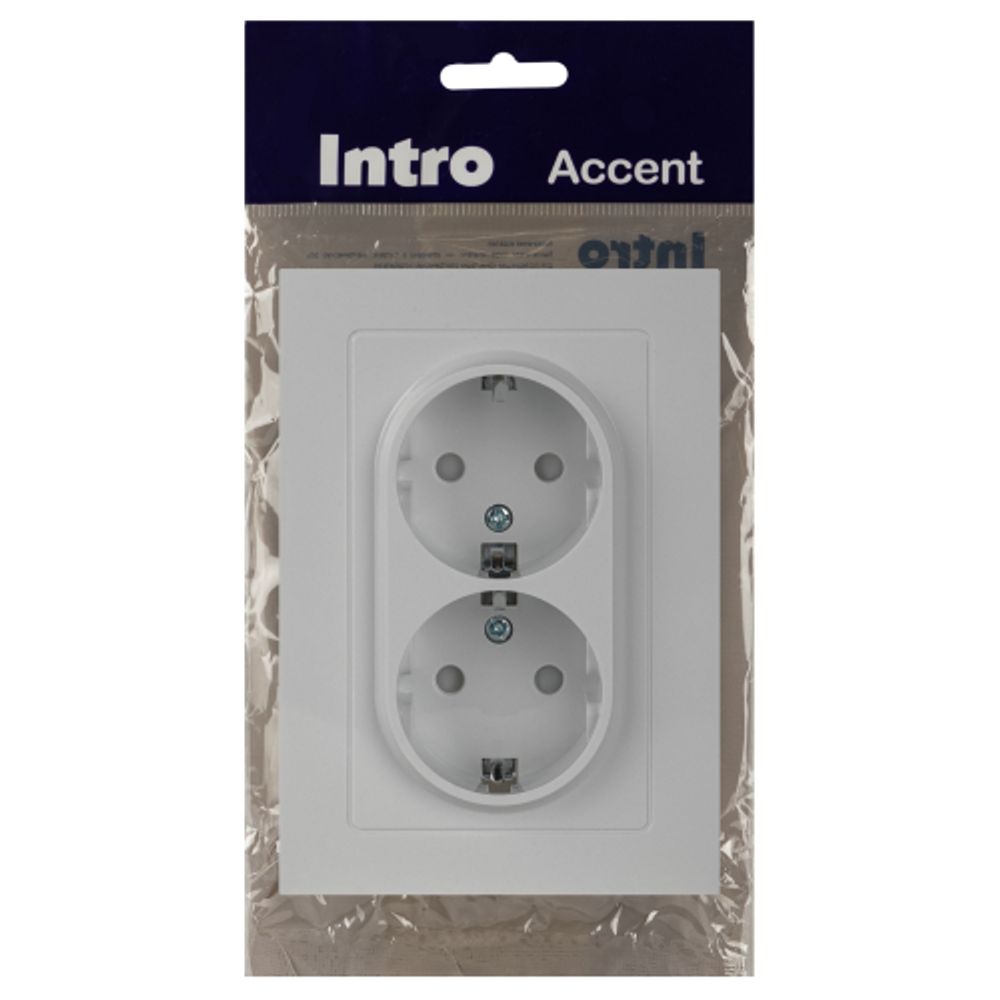 Розетка Intro Accent 6-208-01 двойная с заземлением 2X2P+E Schuko со шторками 16А-250В IP20 СУ AL/CU белый | Intro