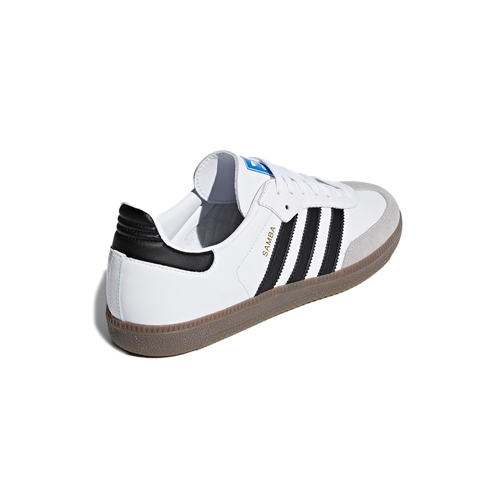 alt="adidas Samba OG Cloud White Core Black B75806 мужские кроссовки белые с черными полосками и gum-подошвой вид сбоку на белом фоне"