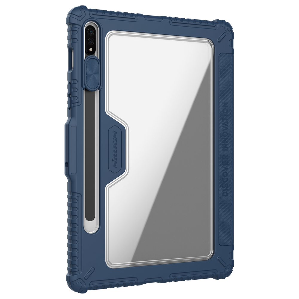 Чехол книжка синего цвета (Sapphire Blue) от Nillkin для планшета Samsung Galaxy Tab S8 и S8 5G, серия Bumper Pro, с защитной шторкой для камеры