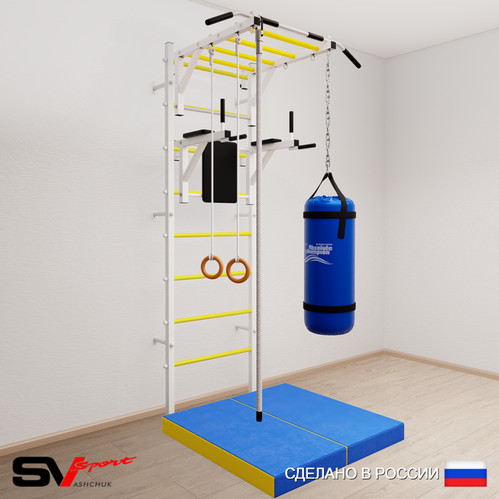Шведская стенка Sv Sport усиленная 6445 (Турник рукоход/Брусья/Канат/Кольца/Цепь/Мешок 15кг/Мат 1м)