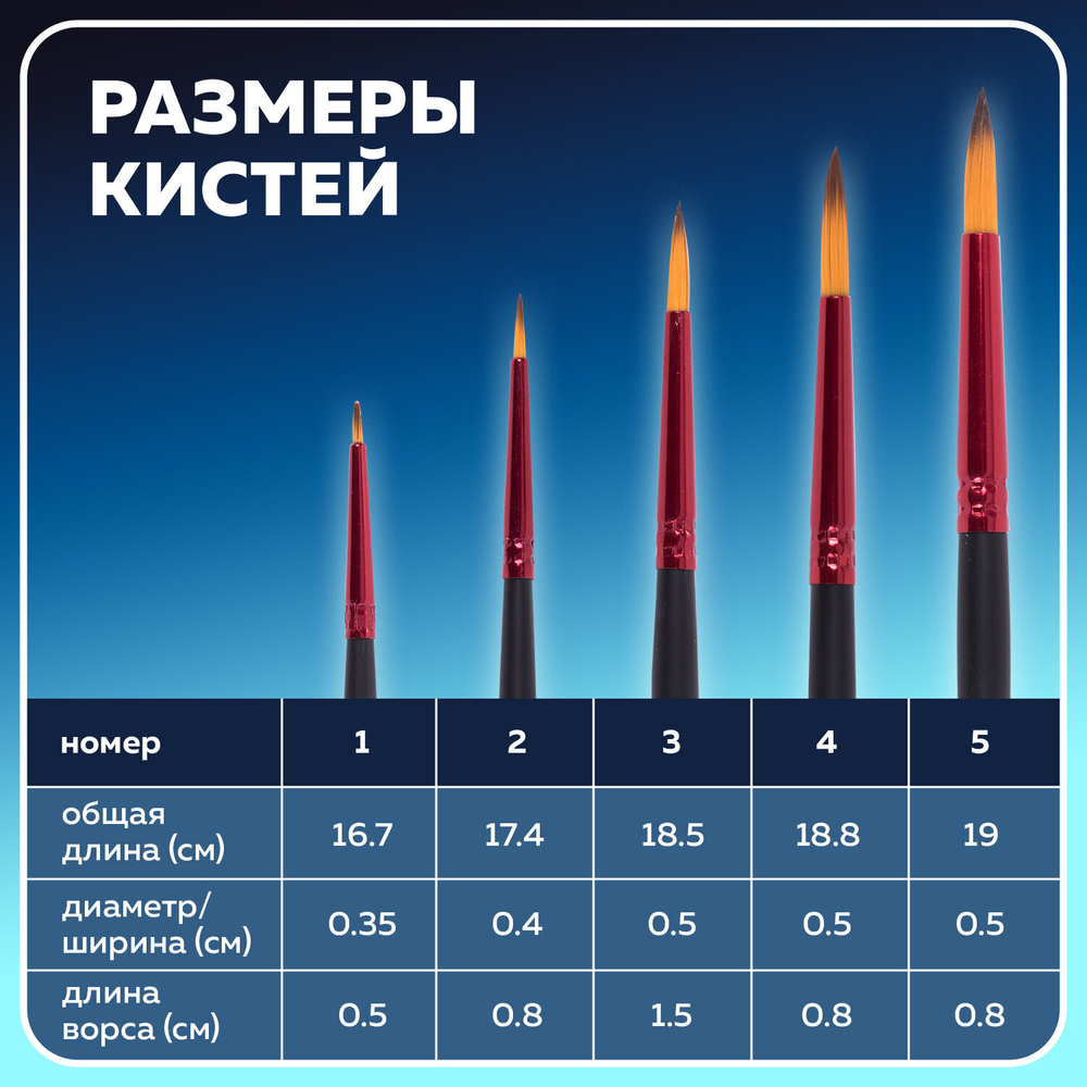 Кисти BRAUBERG PREMIUM, набор 5 шт. (синтетика, круглая № 1, 2, 3, 4, 5), блистер, 201025