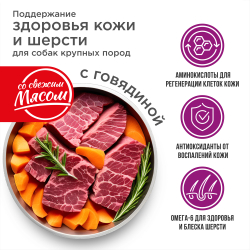 Корм сухой для взрослых собак крупных пород, премиум полнорационный комплекс, здоровье кожи и шерсти, с говядиной, 12 кг, QUATTRO