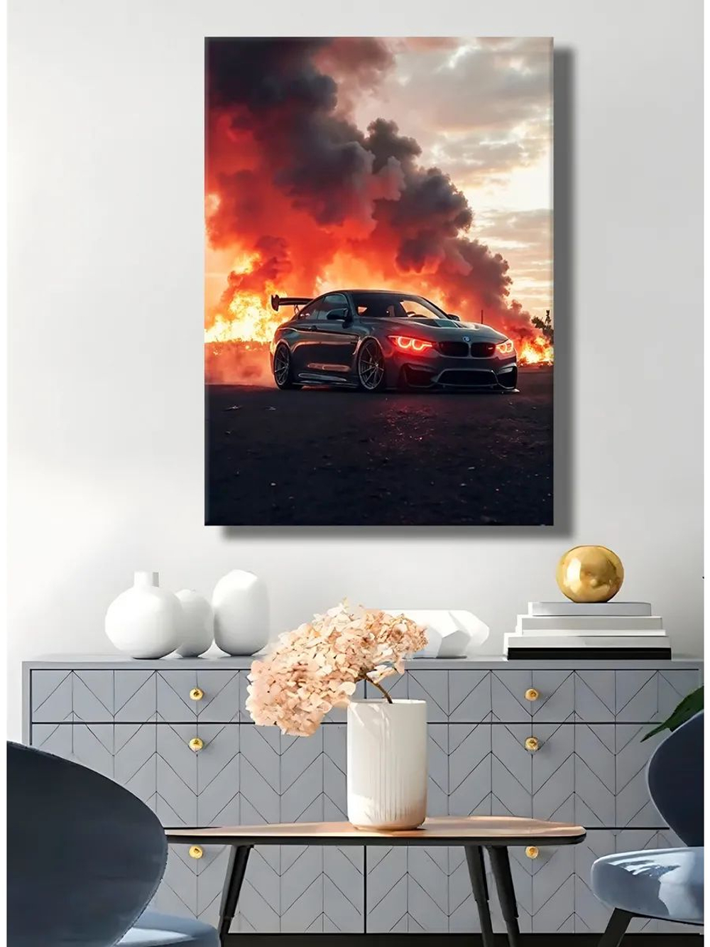 Картина BMW на фоне пожара интерьерная 30х40см 1шт.
