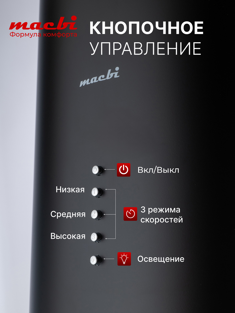 Вытяжка цилиндрическая пристенная MACBI B-TUBE39 (BLACK) черный, D150мм, 1200 м3/ч, пристенная, мотор 230Ватт, металл 39см, кнопочное управление