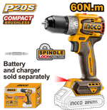 Аккумуляторный бесщеточный шуруповерт INGCO CDLI206021 INDUSTRIAL 20 В 60 Нм 22+1