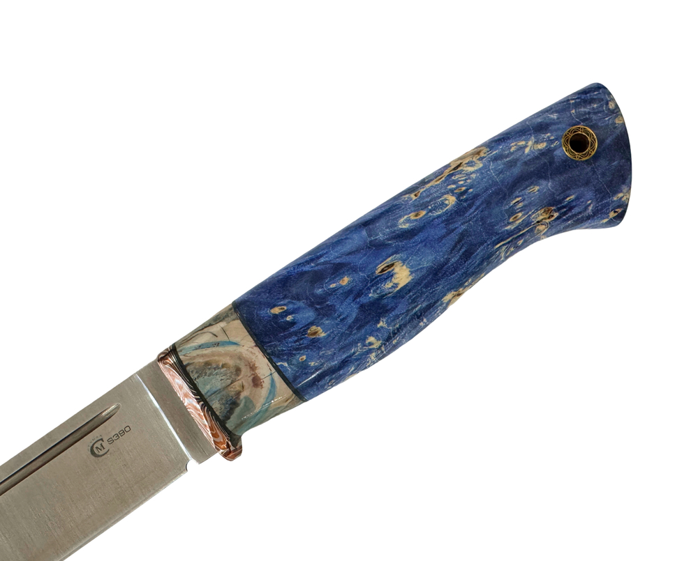 Нож Финский Пуукко, Bohler S390, макумэ ганэ, зуб мамонта, стабил.кап клёна, формиованные ножны