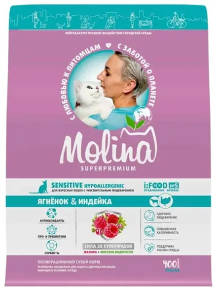 MOLINA Сухой корм для взрослых кошек с чувствительным пищеварением с ягнёнком и индейкой 0,4 кг