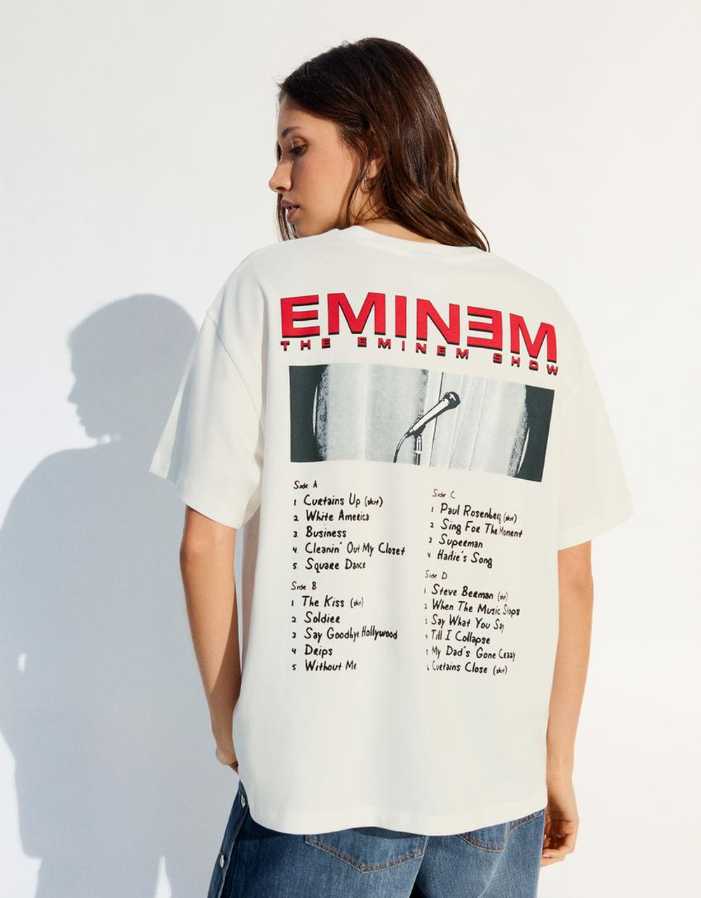 BERSHKA Футболка оверсайз с принтом EMINEM, белый