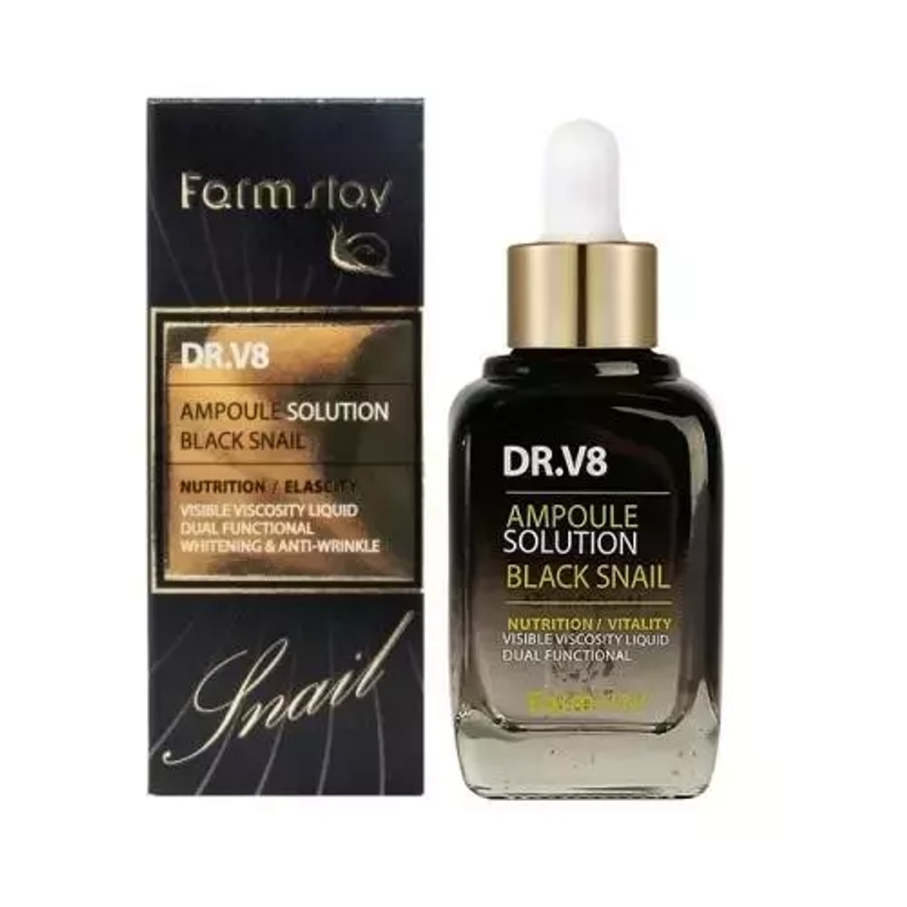 FarmStay DR V8 Ampoule Solution Black Snail Ампульная сыворотка для лица с экстрактом муцина черной улитки, 30 мл