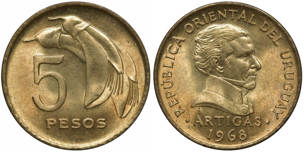 Уругвай 5 песо, 1968 Эритрина UNC