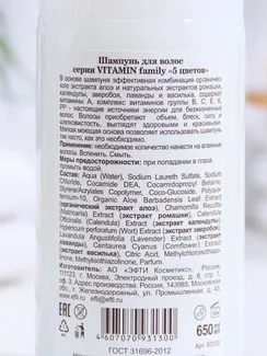 Шампунь VITAMIN Family "5 цветов" легкость и объем, 650 мл