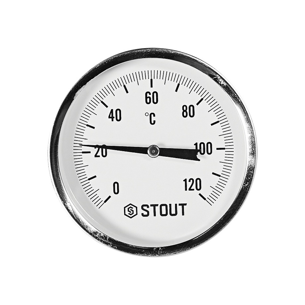 Термометр биметаллический аксиальный STOUT - 1/2" (D80 мм, шкала 0-120°C, с гильзой 100мм)