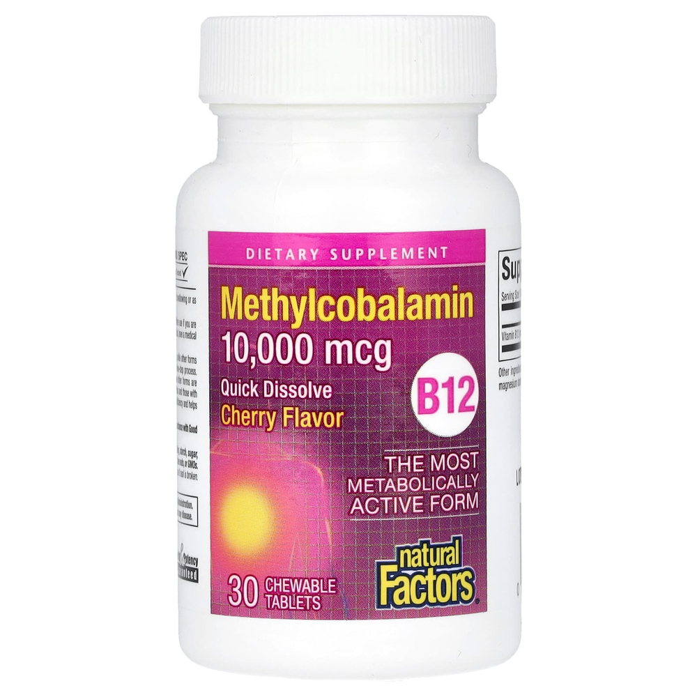 Natural Factors, B12 Метилкобаламин, Вишня, 10 000 мкг, 30 жевательных таблеток