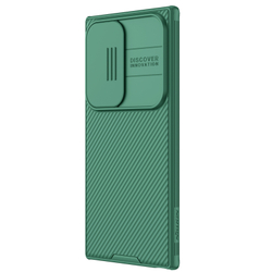 Чехол зеленого цвета (Deep Green) усиленный с защитной шторкой для камеры от Nillkin на Samsung Galaxy S24 Ultra, серия CamShield Pro Case