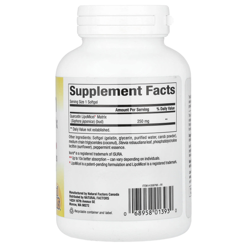 Natural Factors, LipoMicel, кверцетин, 250 мг, 120 капсул с жидкостью