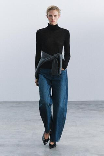 ZARA ФУТБОЛКА SUPIMA® С ВОРОТНИКОМ-СТОЙКОЙ, ЧЕРНЫЙ