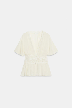 ZARA КОМБИНИРОВАННЫЙ ТОП С КРУЖЕВОМ, ЭКРЮ