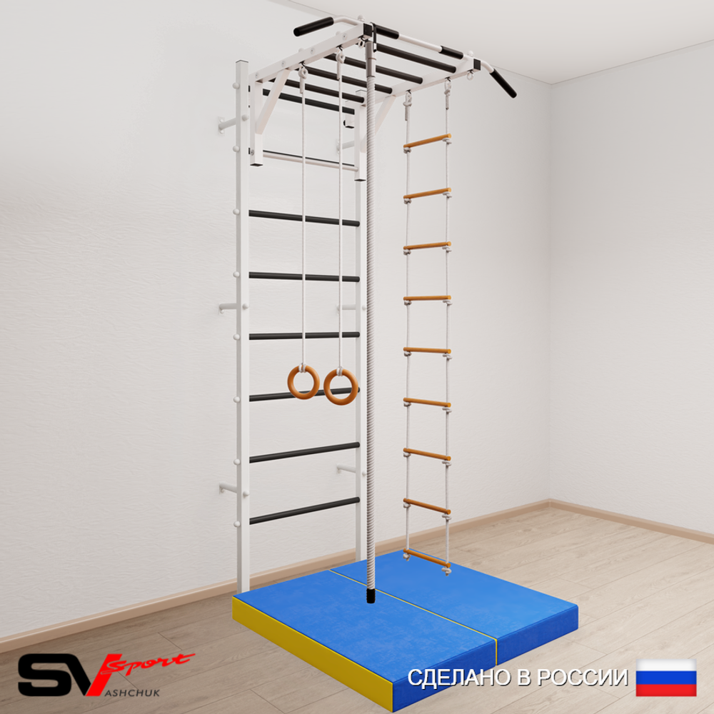 Шведская стенка Sv Sport усиленная 6214 (Турник рукоход/Канат/Кольца/Лестница/Мат 1м)