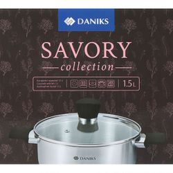 Кастрюля нерж, 1.5 л, с крыш, крышка стекло, Daniks, Savory, SD-A95-16, серебр, индукц