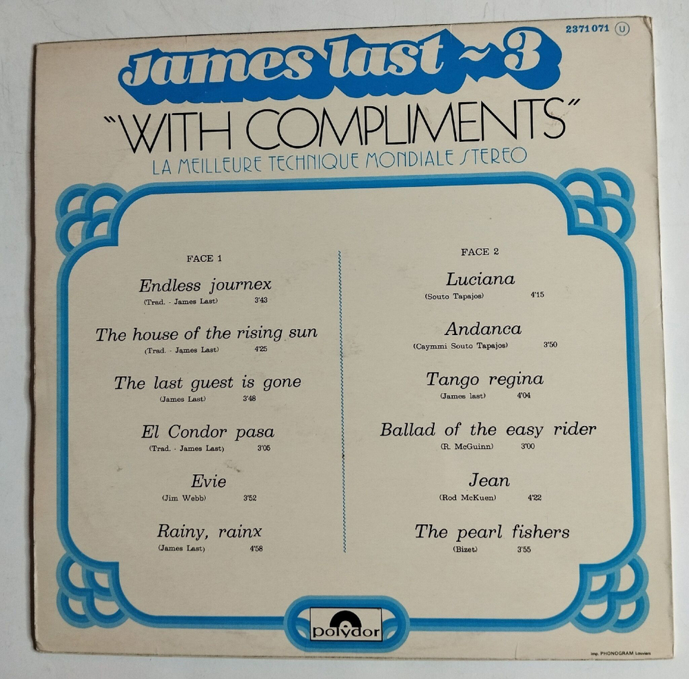 Винтажная виниловая пластинка LP James Last With Compliments (France 1972)