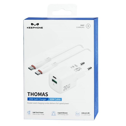 Сетевое зар. устр. Keephone Thomas KP-EB009 1USB+1C 20W Gan с кабелем Type-C на Type-C белое