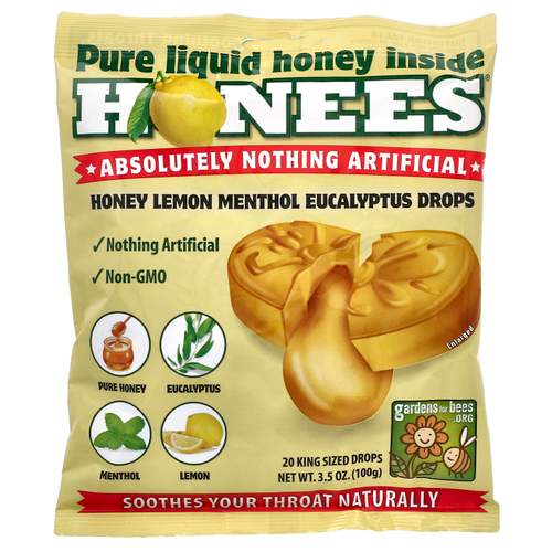 Honees, леденцы от кашля с медом, лимоном, ментолом и эвкалиптом, 20 больших леденцов, 100 г (3,5 унции)