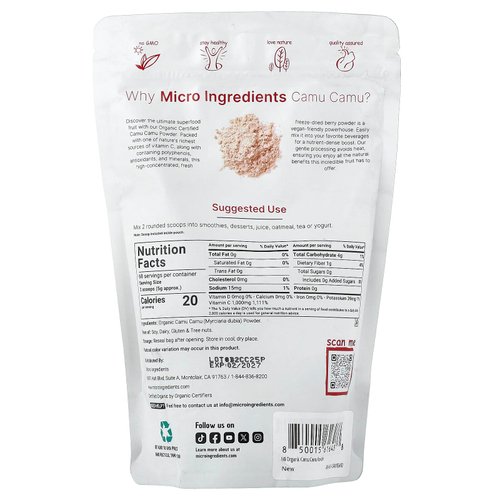 Micro Ingredients, органический порошок из каму-каму, сублимированный, 340 г (12 унций)